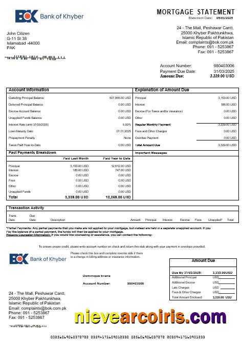 Pakistan The Bank of Khyber mortgage statement in Word and PDF formats