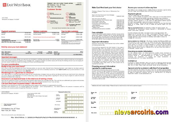 USA East West Bank mortgage statement in Word and PDF formats, 2