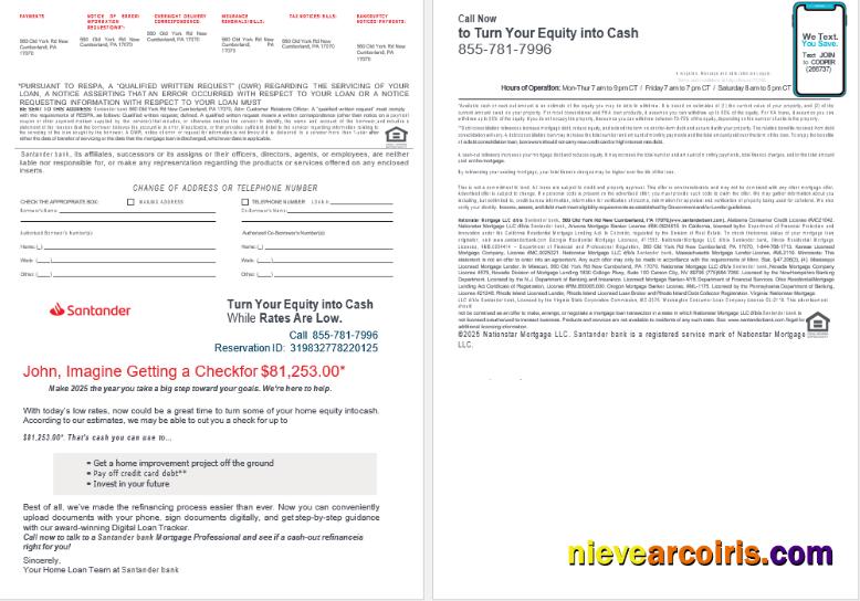 USA Santander Bank mortgage loan statement in Word and PDF formats